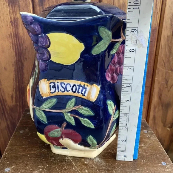 VTG Biscotti Cookie Jar Hand Painted Nonni's Dark Blue Fruit Ceramic Kitchen - Picture 2 of 11